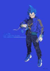 Rule 34 | 1boy, alternate costume, blue eyes, blue hair, blue jacket, blue pants, blue theme, character name, covered abs, dragon ball, dragon ball super, english text, full body, highres, jacket, ksuke (k-taro31), looking at viewer, male focus, mature male, open clothes, open jacket, pants, pectorals, shirt, short hair, skin tight, solo, super saiyan, super saiyan blue, taut clothes, taut shirt, toned, toned male, vegeta