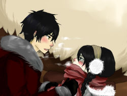 Rule 34 | 1boy, 1girl, avatar: the last airbender, avatar legends, black hair, blind, blush, cold, earmuffs, eye contact, fur trim, gloves, heavy breathing, jacket, looking at another, mittens, nickelodeon, scarf, size difference, toph bei fong, yellow eyes, zuko