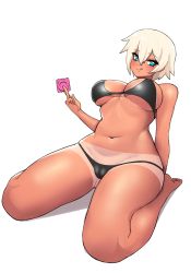1girl, absurdres, blue eyes, breasts, closed mouth, commentary, condom, condom wrapper, donburi (donburikazoku), feet, highres, large breasts, looking at viewer, navel, original, short hair, simple background, smile, solo, swimsuit, tan, tanline, white background