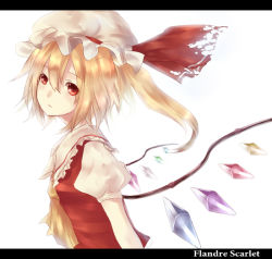 Rule 34 | 1girl, bad id, bad pixiv id, blonde hair, blouse, character name, closed mouth, collared shirt, dress, female focus, flandre scarlet, from side, hair between eyes, hat, letterboxed, looking at viewer, mob cap, neota, red dress, red eyes, shirt, short hair, solo, touhou, upper body, white background, white hat, white shirt, wings