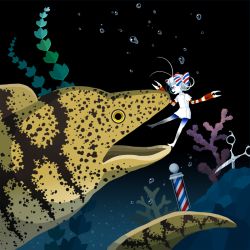 Rule 34 | 1girl, barber pole, blue stripes, bow, bubble, claws, coral, crab claw, floating, moray eel, nona drops, original, plant, profile, red stripes, scissors, striped, striped bow, underwater, white hair, white stripes