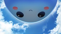 Rule 34 | absurdres, black eyes, blue sky, blue theme, blush stickers, cloud, crystalline, day, from below, highres, looking down, outdoors, pango (crystalline), shadow, sky, smile, solid circle eyes, sunimu, upside-down