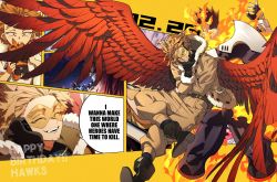 Rule 34 | 2boys, armor, ass, back-to-back, bara, blonde hair, blue bodysuit, blue eyes, bodysuit, boku no hero academia, bulge, collage, covered abs, endeavor (boku no hero academia), english text, facial hair, feathered wings, feet out of frame, fire, happy birthday, hawks (boku no hero academia), headphones, highres, jacket, koooogasya, large pectorals, legs apart, male focus, multiple boys, muscular, muscular male, pauldrons, pectorals, red hair, scar, scar across eye, scar on face, short hair, shoulder armor, smile, spiked hair, stubble, thick thighs, thighs, wings