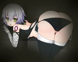 Rule 34 | 1girl, against wall, ass, bandages, bare shoulders, butt crack, fate/apocrypha, fate/grand order, fate (series), from behind, highres, jack the ripper (fate/apocrypha), kyansaa, leaning, leaning forward, looking at viewer, midriff, panties, scar, short hair, silver hair, solo, thighhighs, underwear, yellow eyes