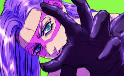 Rule 34 | 1boy, blue eyes, close-up, domino mask, gloves, green background, jojo no kimyou na bouken, long hair, male focus, mask, melone, outstretched hand, ruushii (lucy steel6969), solo, vento aureo
