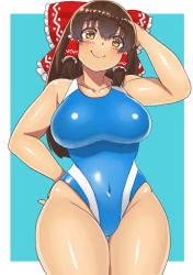 Rule 34 | 1girl, blue background, blue one-piece swimsuit, blush, bow, breasts, brown eyes, brown hair, closed mouth, commentary request, competition swimsuit, cookie (touhou), covered navel, cowboy shot, frilled bow, frilled hair tubes, frills, hair bow, hair tubes, hakurei reimu, hand in own hair, kanna (cookie), large breasts, long hair, looking at viewer, mo-fu, navel, one-piece swimsuit, red bow, shiny skin, sidelocks, smile, solo, swimsuit, touhou, two-tone background, white background