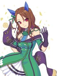 Rule 34 | 1girl, animal ears, bare shoulders, brown hair, buttons, closed mouth, double-breasted, dress, gishu, gloves, green dress, hand on own hip, hand up, horse ears, king halo (umamusume), long hair, looking at viewer, off-shoulder dress, off shoulder, purple gloves, red eyes, smile, solo, umamusume