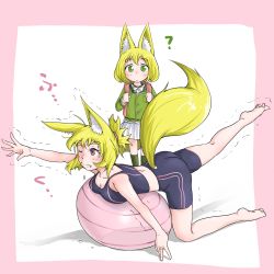 Rule 34 | 2girls, ?, absurdres, animal ears, ass, backpack, bag, ball, bare arms, bare shoulders, barefoot, bike shorts, blonde hair, blush, breasts, child, cleavage, commentary, doitsuken, exercise ball, fang, fang out, fox daughter (doitsuken), fox ears, fox tail, fox wife (doitsuken), green eyes, green legwear, highres, jewelry, looking at another, medium breasts, mother and daughter, multiple girls, original, pink eyes, plantar flexion, reaching, ring, school uniform, short hair, skirt, socks, standing, stretched limb, stretching, tail, tank top, trembling, wedding band, white background, white skirt