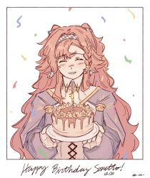 Rule 34 | 1girl, birthday cake, blush, braid, cake, candle, checkered hairband, closed eyes, commentary, confetti, dress, english commentary, english text, food, gloves, grey dress, happy birthday, high collar, highres, holding, holding plate, kuva5z, long hair, long sleeves, orange hair, parted lips, plate, reverse:1999, side braid, simple background, smile, solo, sonetto (reverse:1999), two side up, white background, white gloves