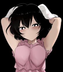 Rule 34 | 1girl, ahoge, alternate breast size, animal ears, arms behind head, black background, black eyes, black hair, breasts, bright pupils, closed mouth, commentary, floppy ears, highres, inaba tewi, looking at viewer, medium breasts, mizuga, rabbit ears, simple background, sleeveless, solo, symbol-only commentary, touhou, upper body, white pupils
