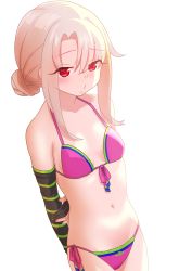 Rule 34 | 1girl, arms behind back, asymmetrical gloves, bare shoulders, bikini, black gloves, blonde hair, blush, breasts, collarbone, double bun, enoda eyeline, fate/grand order, fate (series), gloves, hair bun, illyasviel von einzbern, illyasviel von einzbern (swimsuit archer), illyasviel von einzbern (swimsuit archer) (third ascension), long hair, looking at viewer, navel, partially fingerless gloves, pink bikini, red eyes, sidelocks, small breasts, solo, swimsuit