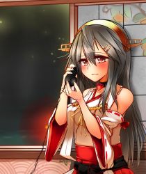 Rule 34 | 10s, 1girl, :d, absurdres, choker, corded phone, detached sleeves, grey hair, hair ornament, hairband, hairclip, haruna (kancolle), highres, holding, jewelry, kantai collection, long hair, nontraditional miko, open mouth, orange eyes, phone, ring, sketch, smile, solo, tsukui kachou, wedding band