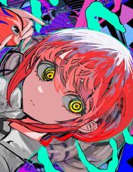 Rule 34 | absurdres, black necktie, chainsaw man, collared shirt, highres, looking at viewer, makima (chainsaw man), momae makku, necktie, pochita (chainsaw man), red hair, ringed eyes, shirt, sidelocks, sideways, yellow eyes