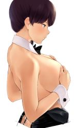 Rule 34 | 1girl, black leotard, blush, breasts, brown eyes, brown hair, cleavage, covering privates, covering breasts, cropped torso, detached collar, from side, hair between eyes, hands up, kaga (kancolle), kantai collection, large breasts, leotard, medium breasts, short hair, simple background, solo, strapless, strapless leotard, upper body, wa (genryusui), white background, wrist cuffs