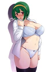 Rule 34 | 1girl, black thighhighs, blush, bra, breasts, cleavage, collarbone, embroidered bra, embroidered panties, green hair, heavy breathing, highres, idolmaster, idolmaster (classic), large breasts, looking at viewer, namidame, navel, nose blush, open clothes, open shirt, otonashi kotori, panties, red eyes, shadow, shirt, short hair, solo, sweatdrop, thighhighs, transparent background, underwear, white bra, white panties, white shirt