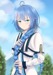 Rule 34 | 1girl, absurdres, ahoge, blue eyes, blue hair, blush, braid, capelet, closed mouth, day, dress, floating hair, frown, hair between eyes, highres, lens flare, long hair, long sleeves, looking at viewer, mushoku tensei, outdoors, roxy migurdia, shelphid, solo, standing, twin braids, very long hair, white capelet, white dress