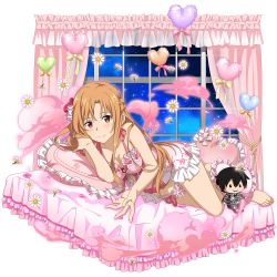Rule 34 | 1girl, asuna (sao), barefoot, bed, blush, breasts, brown eyes, brown hair, character doll, cleavage, day, feet, flower, frilled pillow, frills, hair between eyes, hair ornament, halterneck, hand in own hair, highres, long hair, looking at viewer, lying, medium breasts, official art, on bed, on side, pillow, pink ribbon, pink shirt, ribbon, shirt, sky, sleeveless, sleeveless shirt, smile, solo, star (sky), starry sky, sword art online, thigh strap, transparent background, very long hair, white flower, yellow ribbon