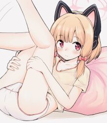 Rule 34 | 1girl, alternate costume, animal ear headphones, animal ears, bean bag chair, blue archive, blunt bangs, blush, bow, breasts, cat ear headphones, cleavage, closed mouth, commentary, expressionless, fake animal ears, feet out of frame, female focus, hair bow, headphones, highres, kneepits, legs up, looking at viewer, lying, md5 mismatch, momoi (blue archive), no pants, on back, orange hair, panties, pink eyes, shirt, short hair, short sleeves, shuwashuwa baby, sideways glance, solo, tareme, underwear, webp-to-png conversion, white panties, yellow shirt
