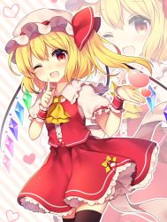 Rule 34 | 1girl, ;d, ascot, back bow, black thighhighs, blonde hair, blush, bow, buttons, center frills, commentary request, eyelashes, fang, finger to mouth, flandre scarlet, frilled shirt collar, frilled skirt, frills, hat, hat ribbon, heart, looking at viewer, mob cap, multicolored wings, one eye closed, open mouth, pink background, puffy short sleeves, puffy sleeves, rainbow order, red eyes, red ribbon, red skirt, red vest, ribbon, ruhika, sash, short hair, short sleeves, side ponytail, skirt, smile, solo, striped, striped background, thighhighs, touhou, upper body, vest, white background, white hat, white sash, wings, wrist cuffs, yellow ascot