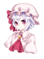 Rule 34 | 1girl, ascot, bad id, bad pixiv id, bow, brooch, hat, hat bow, jewelry, light purple hair, mob cap, red eyes, remilia scarlet, short hair, solo, touhou, upper body, white background, yutazou