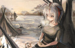 Rule 34 | 1boy, 1girl, 2girls, ahoge, antennae, arknights, bare tree, black shirt, breasts, campfire, casual, demon horns, fire, food, grey hair, grey sky, highres, hoederer (arknights), holding, holding food, holding knife, horns, ines (arknights), knife, morning, multiple girls, official alternate costume, orange eyes, outdoors, peeling, scenery, shirt, short hair, short sleeves, sitting, sky, small breasts, snow, solo, solo focus, sunrise, t-shirt, tent, tree, w (arknights), w (fugue) (arknights), watanab1019, winter