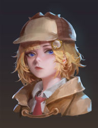 Rule 34 | 1girl, blonde hair, blue eyes, crow tian, grey background, hair ornament, hat, highres, hololive, hololive english, necktie, realistic, red neckwear, short hair, short necktie, upper body, virtual youtuber, watson amelia, watson amelia (1st costume)