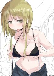 Rule 34 | 1girl, absurdres, alternate breast size, artist name, bare arms, bare shoulders, bikini, bikini top only, black bikini, blonde hair, breasts, cleavage, collarbone, denim, dot nose, female focus, flat color, grabbing own breast, groin, halterneck, highres, ichii yui, indoors, jitome, large breasts, lowleg, lowleg pants, medium hair, midriff, monochrome background, navel, open fly, open mouth, panties, pants, panty peek, partially unbuttoned, partially unzipped, qqqbb (pixiv2905012), solo, standing, sweat, swimsuit, tongue, translation request, underwear, upper body, v-shaped eyebrows, vanishing point, white background, white panties, yuyushiki