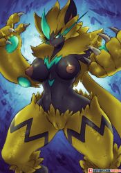 Rule 34 | 1girl, animal hands, aqua eyes, breasts, breasts apart, claws, cleft of venus, colorized, creatures (company), eyelashes, fang, female focus, furry, furry female, game freak, gen 7 pokemon, girlsay, green eyes, highres, inverted nipples, large breasts, legendary pokemon, looking at viewer, mythical pokemon, navel, nintendo, nipples, no humans, nude, pawpads, pokemon, pokemon (creature), pussy, simple background, smile, solo, standing, thighs, uncensored, whiskers, wide hips, zeraora