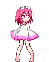 Rule 34 | 1girl, animated, barefoot, blinking, blush, child, dress, female focus, hinainf, jewelry, lowres, necklace, pink eyes, pink hair, pixel art, running, short hair, smile, solo, standing, tagme, usagi and the dream island, video, white background