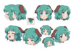 Rule 34 | 1girl, animal ears, blush, character sheet, closed mouth, commentary request, dog ears, expressionless, expressions, green eyes, green hair, happy, kasodani kyouko, multiple views, open mouth, sad, short hair, smile, tears, touhou, touhou mystia&#039;s izakaya, youzikk
