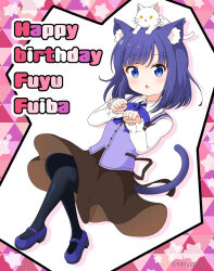 Rule 34 | 1girl, animal, animal ear fluff, animal ears, animal on head, black pantyhose, blue bow, blue eyes, blue footwear, blue hair, bow, brown skirt, cat, cat ears, cat girl, cat tail, character name, chestnut mouth, commentary request, fuiba fuyu, full body, gochuumon wa usagi desu ka?, happy birthday, highres, kemonomimi mode, long sleeves, looking at viewer, mitya, on head, pantyhose, parted lips, paw pose, puffy long sleeves, puffy sleeves, purple vest, rabbit house uniform, shirt, shoes, skirt, sleeves past wrists, solo, star (symbol), starry background, tail, twitter username, uniform, vest, waitress, white cat, white shirt, yellow eyes