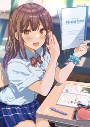 Rule 34 | 1girl, bag, blush, book, bow, bowtie, breasts, brown eyes, brown hair, buttons, chair, classroom, collared shirt, commentary request, cowboy shot, dappled sunlight, day, desk, fingernails, fushimi asuha, hand up, handbag, highres, holding, holding notebook, looking at viewer, mechanical pencil, notebook, on chair, open book, open mouth, original, pencil, pleated skirt, purple skirt, red bow, red bowtie, scrunchie, shirt, short sleeves, sitting, skirt, small breasts, solo, straight hair, striped bow, striped bowtie, striped clothes, sunlight, uniform, wrist scrunchie