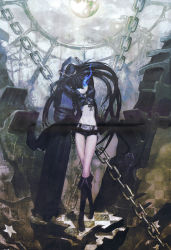 Rule 34 | 10s, 1girl, absurdres, bikini, bikini top only, black rock shooter, black rock shooter (character), blue eyes, chain, checkered floor, coat, gloves, glowing, glowing eye, glowing eyes, highres, huke, midriff, navel, scar, shorts, solo, swimsuit, twintails