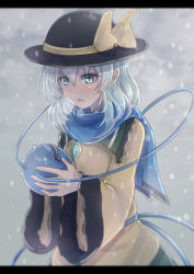 Rule 34 | 1girl, black hat, blue scarf, blush, breasts, eyeball, green eyes, green skirt, hat, hat ribbon, heavy breathing, komeiji koishi, letterboxed, long sleeves, looking at another, looking away, medium breasts, opanchu (pixiv259683), outdoors, parted lips, ribbon, scarf, shirt, silver hair, skirt, snowing, solo, third eye, touhou, wide sleeves, yellow ribbon, yellow shirt