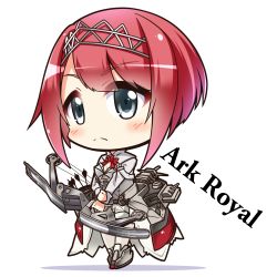Rule 34 | 10s, 1girl, ark royal (kancolle), blue eyes, blunt bangs, bob cut, bow (weapon), character name, chibi, compound bow, full body, hairband, kantai collection, long sleeves, platform footwear, quiver, red hair, red ribbon, ribbon, shachoo., short hair, shorts, simple background, solo, standing, tiara, tsurime, weapon, white background, white legwear, white shorts