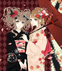 Rule 34 | 2girls, bad id, bad pixiv id, eiri (moonlit cherry), flower, hair ornament, japanese clothes, kimono, multiple girls, oil-paper umbrella, parasol, shikishima (eiri), umbrella, yukata