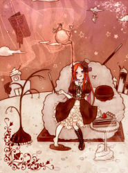 Rule 34 | 1girl, barefoot, boots, bow, cake, child, chocolate, clock, cream, food, fork, fruit, gothic lolita, gradient background, hantoumei namako, hat, lolita fashion, long hair, macaron, monochrome, pocky, purple eyes, red hair, solo, star (symbol), strawberry, teapot, tongue, tongue out, top hat, very long hair