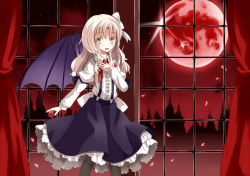 Rule 34 | 1girl, bat wings, blonde hair, female focus, full moon, hand on another&#039;s chest, hand on own chest, kurumi (touhou), long hair, looking at viewer, lotus land story, moon, nanatuki13, neck ribbon, red moon, ribbon, solo, suspenders, touhou, touhou (pc-98), window, wings, yellow eyes
