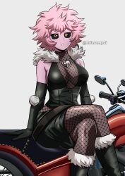 Rule 34 | 1girl, absurdres, ashido mina, black sclera, boku no hero academia, boots, breasts, cleavage, colored sclera, colored skin, effasempai, elbow gloves, fishnets, fur trim, gloves, highres, leather, leather boots, leather gloves, messy hair, motor vehicle, motorcycle, no horns, pink hair, pink skin, short hair, solo, spiked hair
