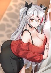 Rule 34 | 1girl, azur lane, bare shoulders, black choker, black skirt, blurry, blurry background, bra strap, breasts, casual, choker, cleavage, closed mouth, commentary request, hair between eyes, hair ribbon, highres, huge breasts, j yak47, leaning forward, long hair, looking at viewer, miniskirt, mole, mole on breast, multicolored hair, nail polish, off-shoulder sweater, off shoulder, prinz eugen (azur lane), red nails, red sweater, ribbed sweater, ribbon, silver hair, skirt, smile, streaked hair, sweater, two side up, yellow eyes