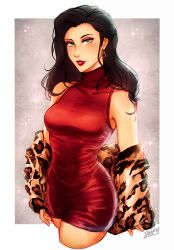 Rule 34 | 1girl, alternate costume, animal print, arms at sides, artist name, asami sato, avatar legends, bare shoulders, black hair, blush, border, breasts, cropped legs, dress, earrings, eyeshadow, green eyes, grey background, grin, hoop earrings, iahfy, jacket, jewelry, large breasts, leopard print, lips, lipstick, long hair, long sleeves, looking at viewer, makeup, medium breasts, multiple girls, nickelodeon, off shoulder, outside border, purple eyeshadow, red dress, red lips, removing jacket, short dress, sleeveless, sleeveless dress, sleeveless turtleneck, smile, solo, sparkle, standing, straight hair, the legend of korra, thick thighs, thighs, turtleneck, turtleneck dress, white border