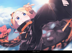 Rule 34 | 1girl, abigail williams (fate), abigail williams (traveling outfit) (fate), absurdres, bandaid, bandaid on face, bandaid on forehead, belt, black bow, black jacket, blonde hair, blue eyes, blue sky, blush, bow, breasts, crossed bandaids, daisi gi, fate/grand order, fate (series), forehead, hair bow, hair bun, heroic spirit traveling outfit, high collar, highres, jacket, lens flare, long hair, long sleeves, looking at viewer, multiple hair bows, official alternate costume, open mouth, orange belt, orange bow, outstretched arm, parted bangs, polka dot, polka dot bow, single hair bun, sky, sleeves past wrists, small breasts, stuffed animal, stuffed toy, sunlight, teddy bear, tentacles