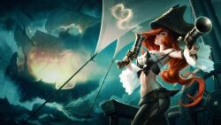 Rule 34 | absurdres, bad source, brown hair, crop top, gun, hat, highres, holding, holding gun, holding weapon, league of legends, md5 mismatch, miss fortune (league of legends), ocean, official art, pirate hat, resolution mismatch, source smaller, stomach, weapon