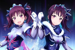 Rule 34 | 2girls, bow, breasts, capelet, choker, cleavage, clenched hands, gloves, hair bow, jewelry, kazuno leah, kazuno sarah, long hair, looking at viewer, love live!, love live! sunshine!!, multiple girls, open mouth, purple eyes, purple hair, ring, saint snow, see-through, see-through cleavage, shiimai, siblings, side ponytail, sisters, small breasts, smile, tiara, twintails, white gloves