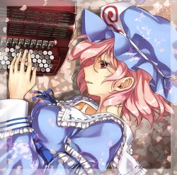 Rule 34 | 1girl, abo (hechouchou), accordion, arm strap, blue dress, breasts, dress, hat, instrument, large breasts, long sleeves, mob cap, pink eyes, pink hair, saigyouji yuyuko, solo, touhou, triangular headpiece, wide sleeves