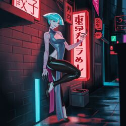 Rule 34 | 1girl, a.k.i. (street fighter), absurdres, against wall, alley, black pants, breasts, china dress, chinese clothes, claw ring, dress, earrings, grey hair, grin, highres, jewelry, leg up, looking at viewer, neon lights, pants, pelvic curtain, pink eyes, seventeencrows, small breasts, smile, smirk, solo, street fighter, street fighter 6, tassel, tassel earrings, yoga pants