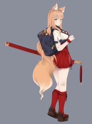 Rule 34 | 1girl, animal ear fluff, animal ears, ass, bag, blonde hair, brown footwear, e draw paint, fate/extra, fate/extra ccc, fate/extra ccc fox tail, fate/grand order, fate (series), fox ears, fox tail, from side, full body, grey background, highres, holding, holding sword, holding weapon, katana, kneehighs, long hair, looking at viewer, looking back, pleated skirt, red scrunchie, red skirt, red socks, school bag, scrunchie, short sleeves, side slit, simple background, skirt, socks, solo, standing, suzuka gozen (fate), sword, tail, very long hair, weapon, wrist scrunchie, yellow eyes