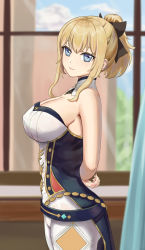 Rule 34 | 1girl, arms behind back, bare shoulders, belt, black bow, blonde hair, blue belt, blue eyes, blue sky, bow, breasts, cleavage, cloud, commentary request, cowboy shot, day, detached collar, from side, genshin impact, hair bow, highres, indoors, jean (genshin impact), large breasts, leggings, looking at viewer, medium hair, pants, ponytail, ruan weidao, shirt, short ponytail, sidelocks, sky, smile, solo, standing, strapless, strapless shirt, white pants, window