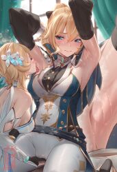 Rule 34 | 2girls, armpits, arms up, bare shoulders, belt, blonde hair, blue capelet, blue eyes, blush, blush stickers, bow, breasts, capelet, dress, feather hair ornament, feathers, fingering, flower, gauntlets, genshin impact, hair bow, hair flower, hair ornament, highres, jean (genshin impact), jean (gunnhildr&#039;s legacy) (genshin impact), large breasts, licking, licking armpit, long hair, lumine (genshin impact), medium hair, multicolored capelet, multiple girls, padoruu, pants, ponytail, scarf, sidelocks, tight clothes, tight pants, tongue, tongue out, white dress, white pants, white scarf, yuri