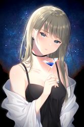 Rule 34 | 1girl, bare shoulders, black choker, black eyes, black shirt, breasts, brown hair, camisole, choker, collarbone, cup, drinking glass, earrings, head tilt, holding, holding cup, jewelry, long hair, looking at viewer, noda shuha, off shoulder, original, parted lips, shirt, sky, sleeveless, sleeveless shirt, small breasts, solo, star (sky), starry sky, upper body, wine glass